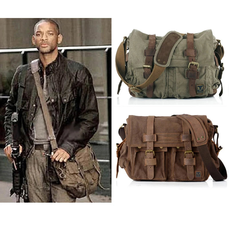 I AM LEGEND Will Smith military Canvas +Genuine leather Men Messenger Bag Canvas Shoulder Bag men Crossbody Bag Sling Casual Bag