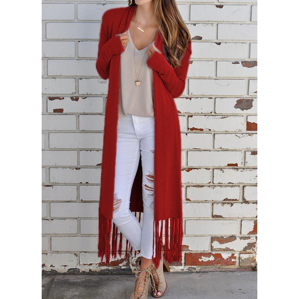 Long Trench Sweater, Solid Colored Collarless  Black / Red / Gray