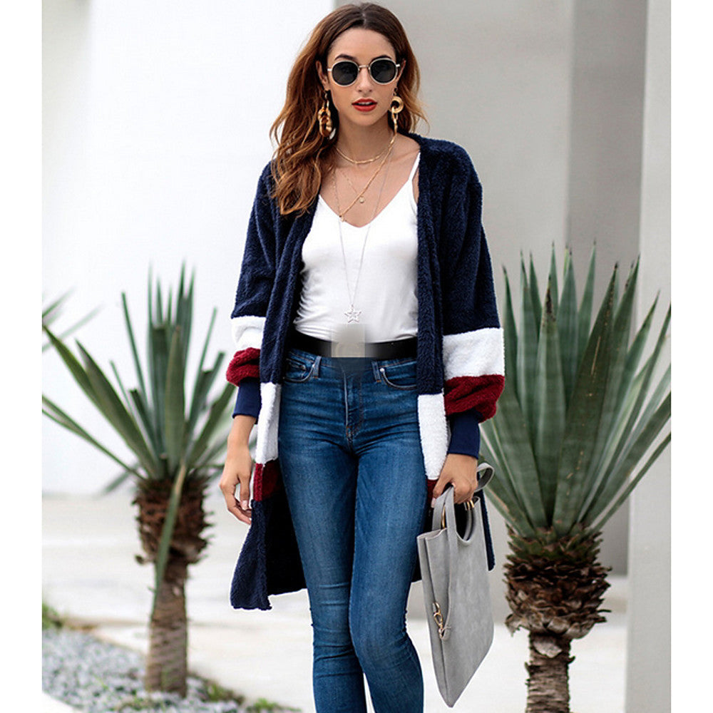 Long Trench Sweater, Color Block V Neck Gray / Khaki / Royal Blue / Slim