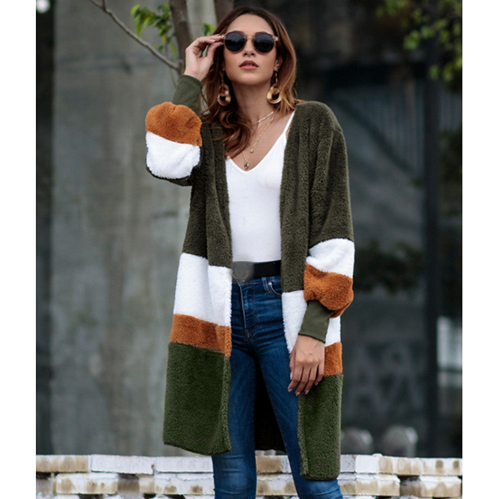 Long Trench Sweater, Color Block V Neck Gray / Khaki / Royal Blue / Slim