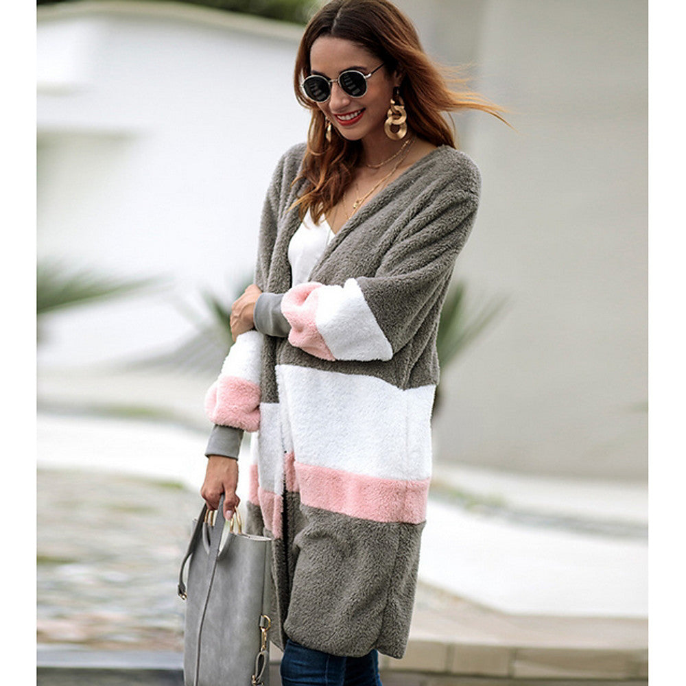 Long Trench Sweater, Color Block V Neck Gray / Khaki / Royal Blue / Slim