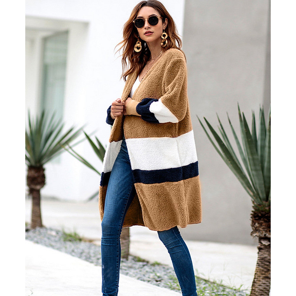 Long Trench Sweater, Color Block V Neck Gray / Khaki / Royal Blue / Slim