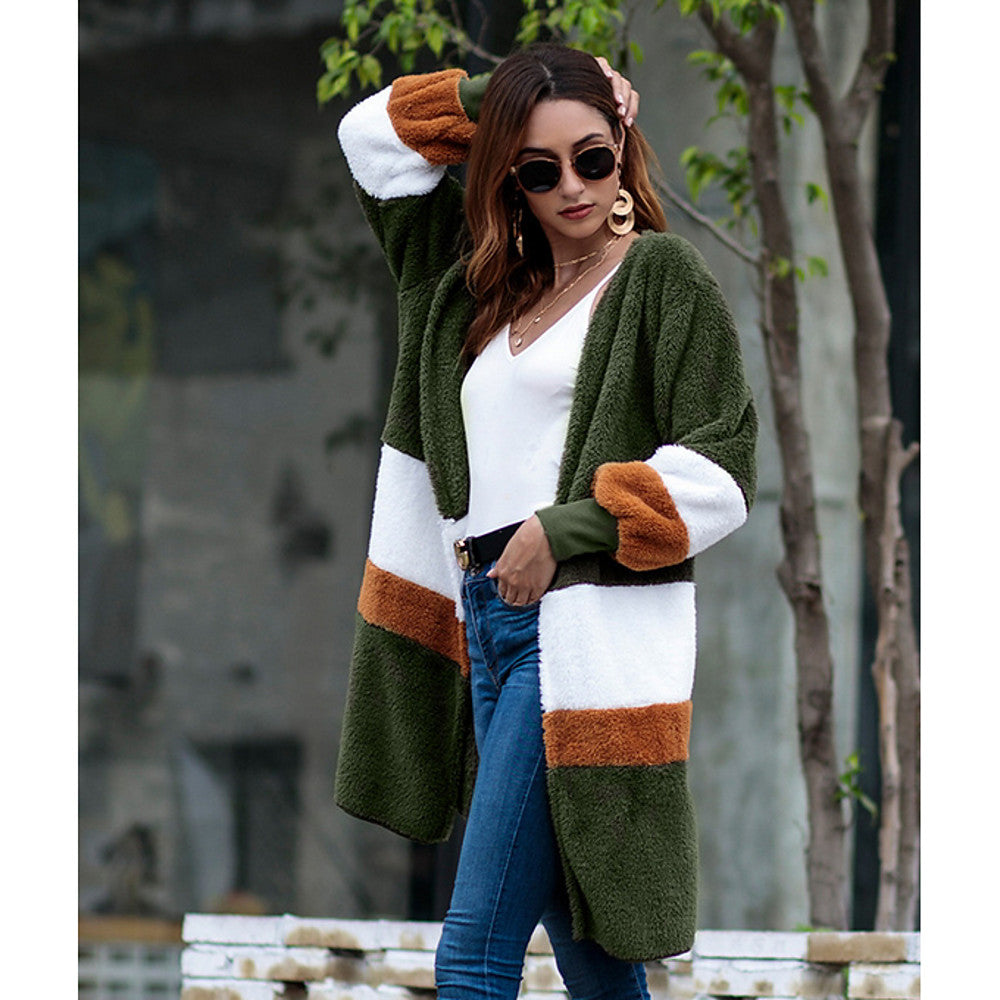 Long Trench Sweater, Color Block V Neck Gray / Khaki / Royal Blue / Slim