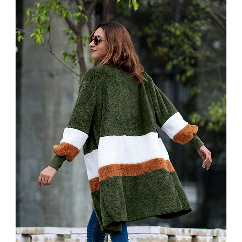 Long Trench Sweater, Color Block V Neck Gray / Khaki / Royal Blue / Slim