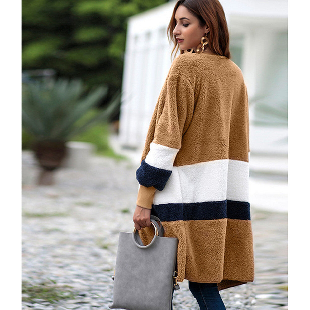 Long Trench Sweater, Color Block V Neck Gray / Khaki / Royal Blue / Slim