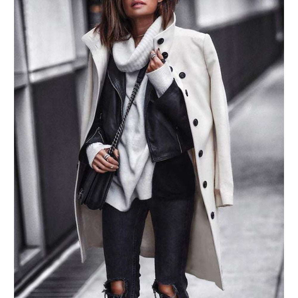 Long Stylish Trench Sweater, Solid Colored Stand Long Sleeve Black / White