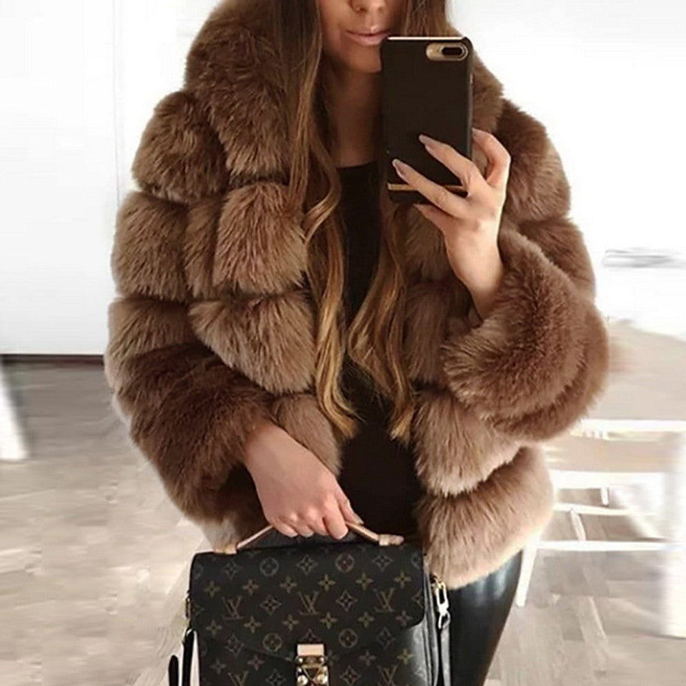 Furry Tales Fur Coat, Hooded Faux Fur Black / Brown / Dark Gray