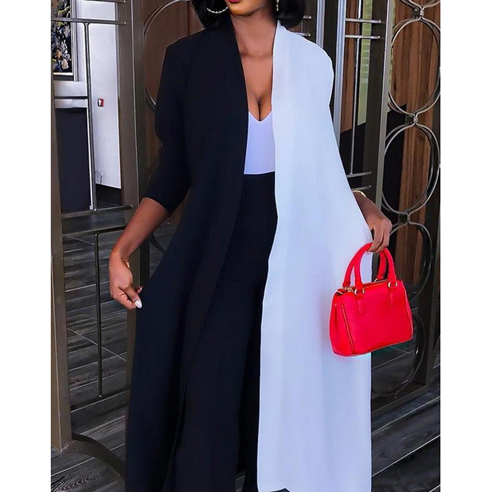 Long Trench Sweater, Color Block V Neck Long Sleeve  White / Blushing Pink