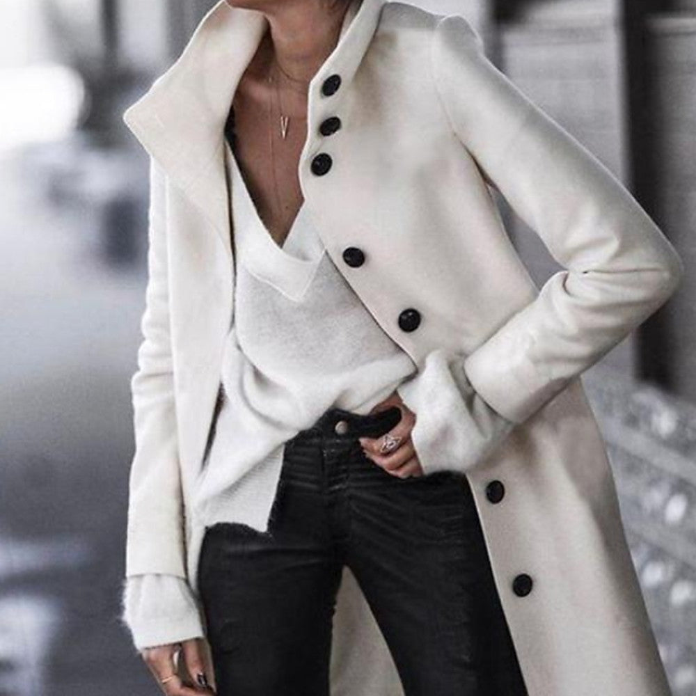Long Stylish Trench Sweater, Solid Colored Stand Long Sleeve Black / White
