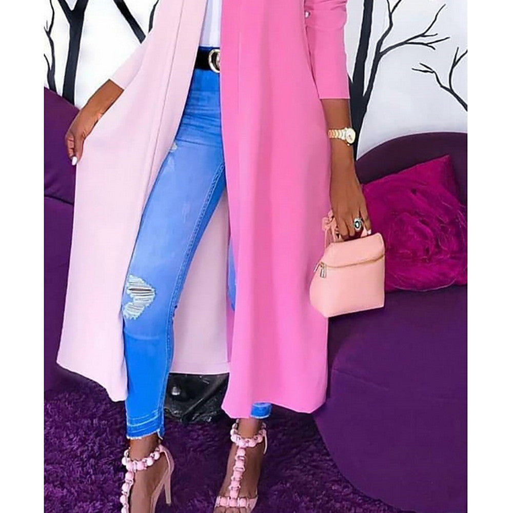 Long Trench Sweater, Color Block V Neck Long Sleeve  White / Blushing Pink