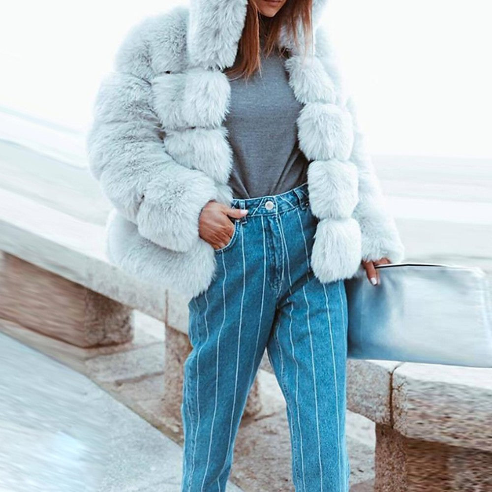 Furry Tales Fur Coat, Hooded Faux Fur Black / Brown / Dark Gray