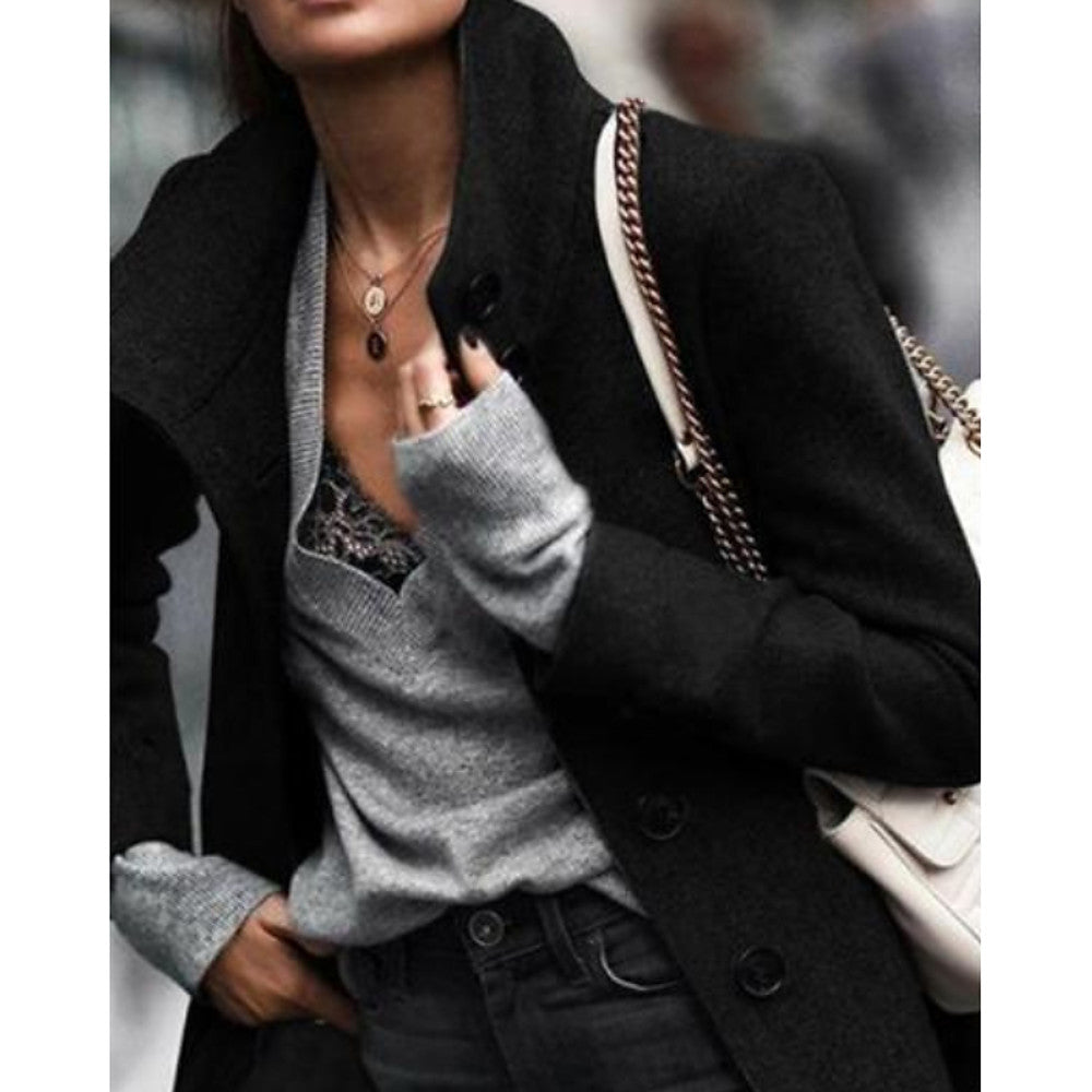 Long Stylish Trench Sweater, Solid Colored Stand Long Sleeve Black / White