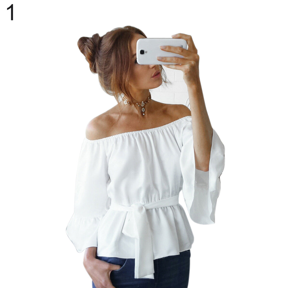 Fashion Women Summer Chiffon Off Shoulder Beach Party Top Solid Color Blouse