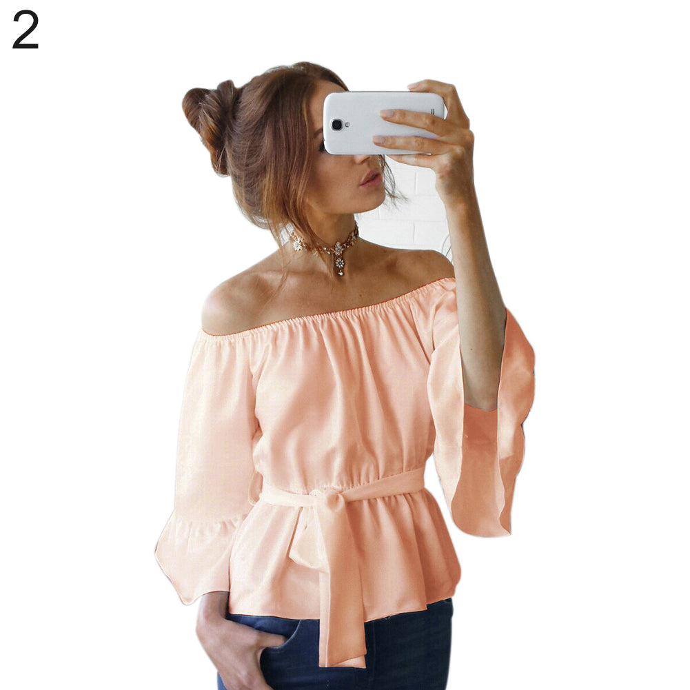 Fashion Women Summer Chiffon Off Shoulder Beach Party Top Solid Color Blouse
