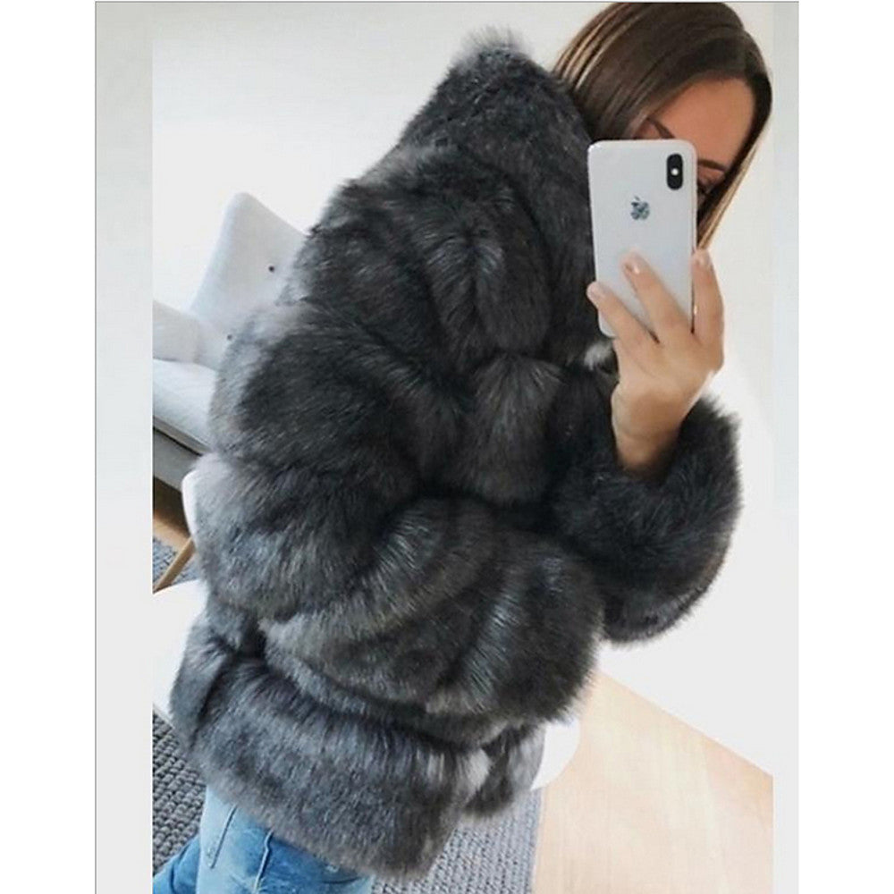 Furry Tales Fur Coat, Hooded Faux Fur Black / Brown / Dark Gray
