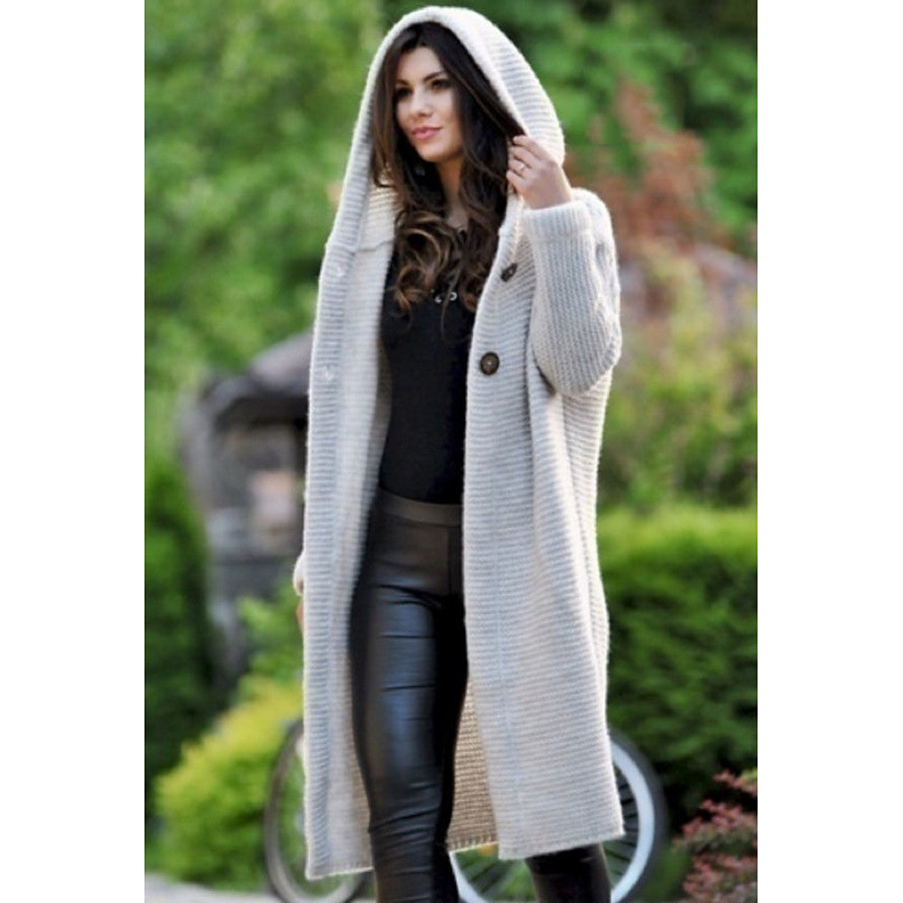 Long Hooded Warm Sweater , Solid Colored  Beige / Gray / Yellow / Slim