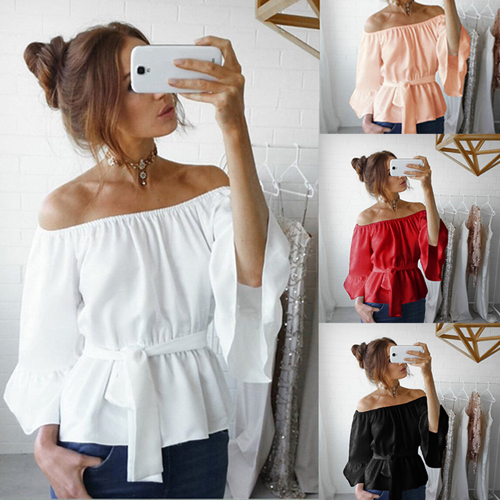 Fashion Women Summer Chiffon Off Shoulder Beach Party Top Solid Color Blouse