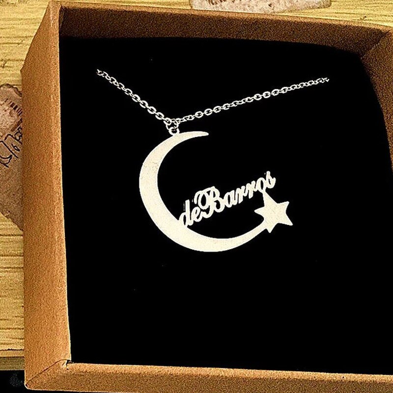 Customize This Crescent Moon And Star Nameplate Necklace