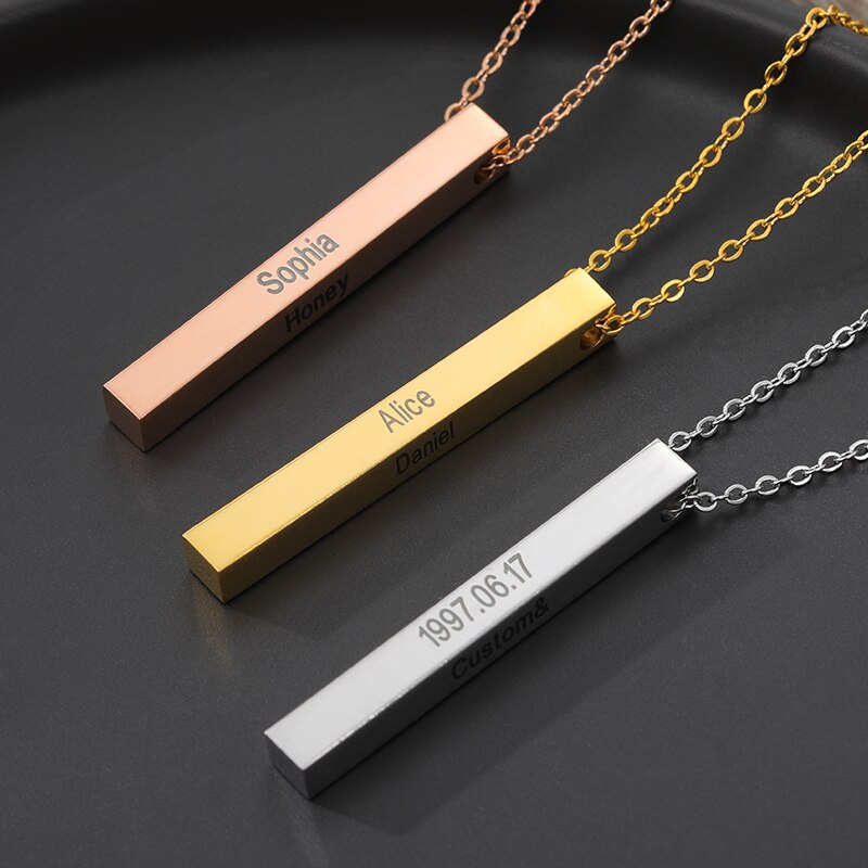 Four Sides Engraving Vertical Bar Custom Name Necklace Jewelry
