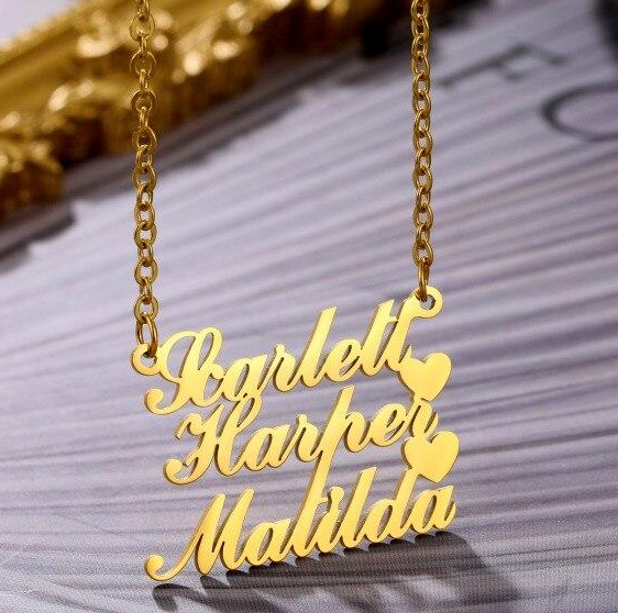 Customize This 3 Names Necklace Stainless Steel Nameplate with Heart