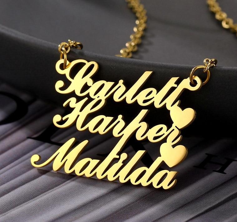 Customize This 3 Names Necklace Stainless Steel Nameplate with Heart