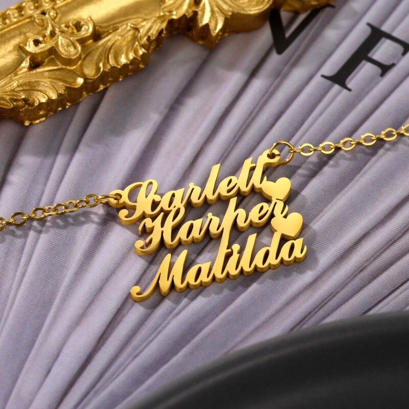 Customize This 3 Names Necklace Stainless Steel Nameplate with Heart