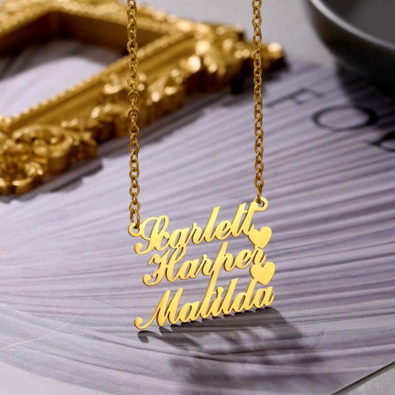 Customize This 3 Names Necklace Stainless Steel Nameplate with Heart