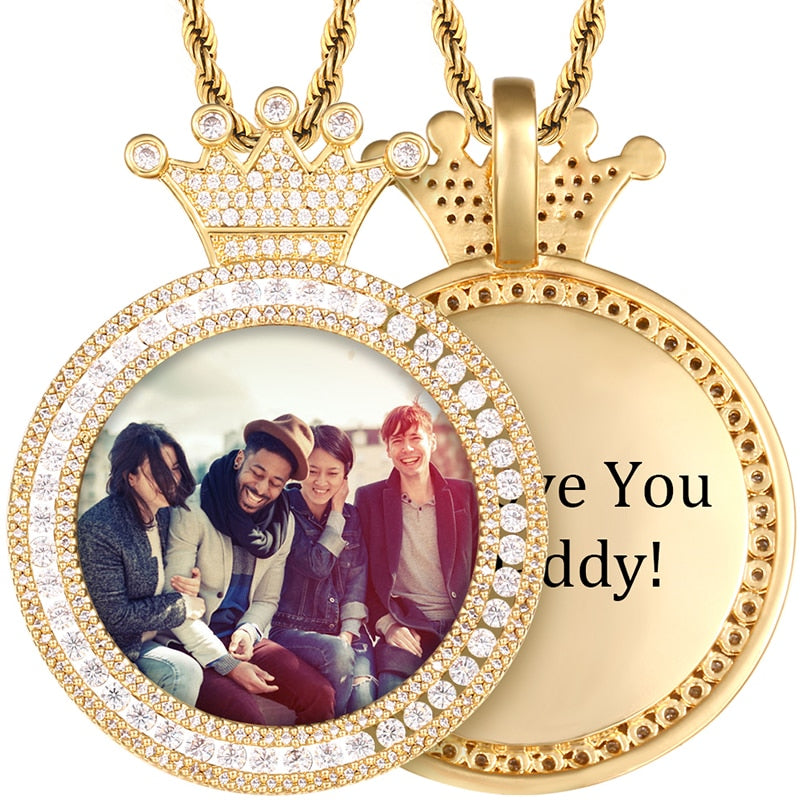 Customize This Round Crown Photo Pendant Necklace