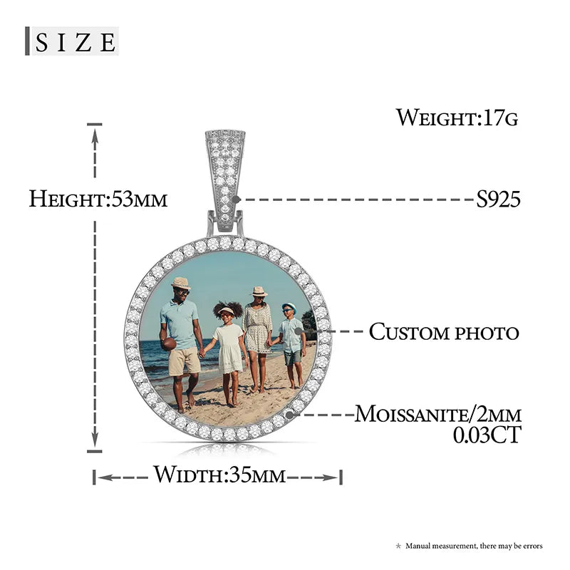 925 Sterling Silver Memory Photo Medallions Moissanite Custom Pendant Necklace
