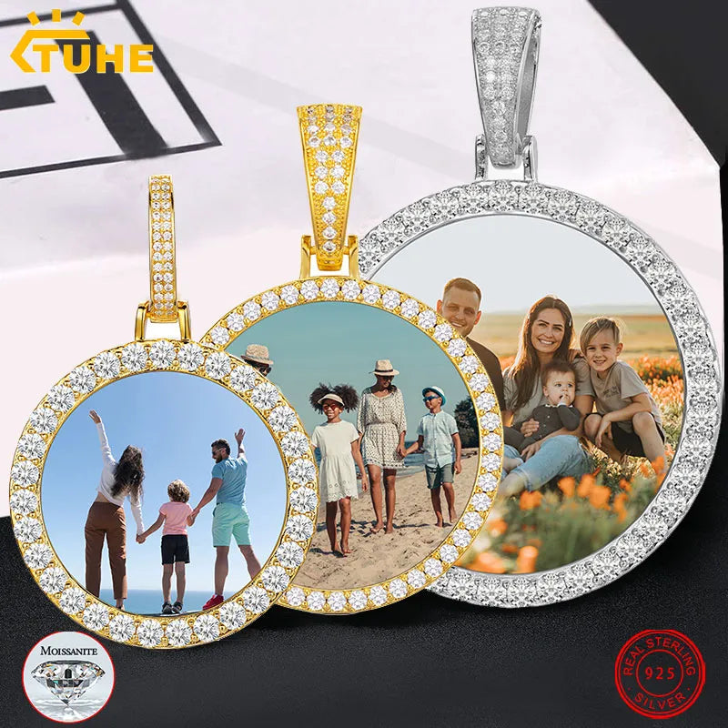 925 Sterling Silver Memory Photo Medallions Moissanite Custom Pendant Necklace