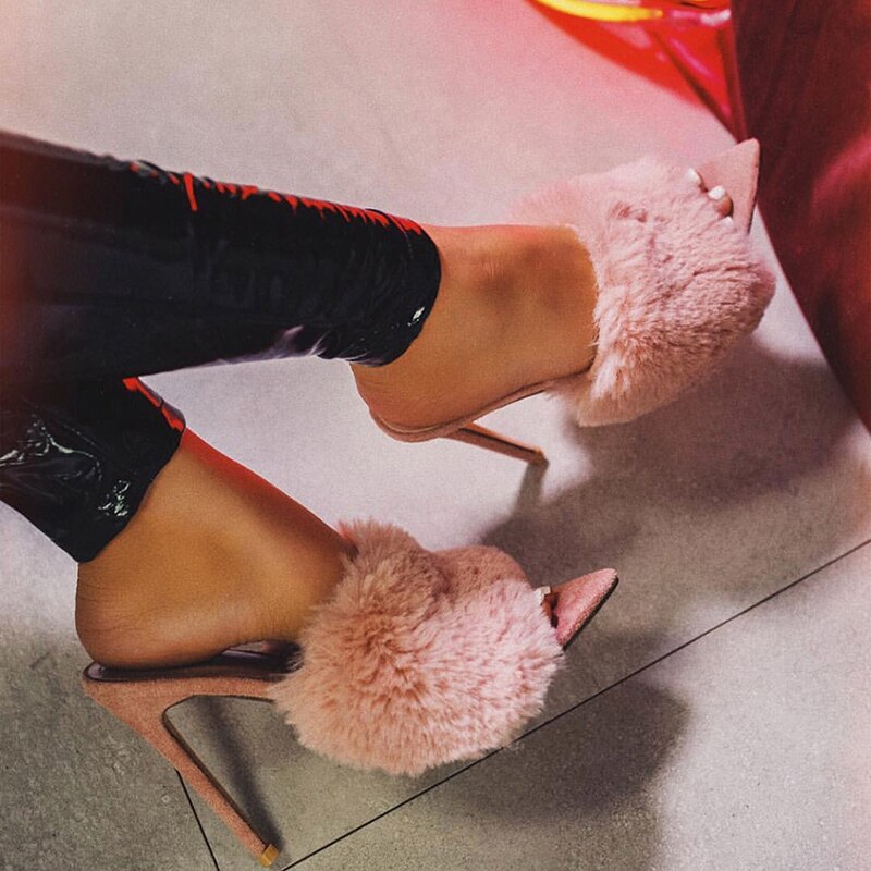 Luxury Cotton Candy Real Fox Fur  High Heel Sandal Woman