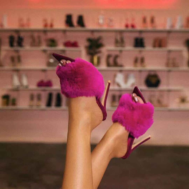 Luxury Cotton Candy Real Fox Fur  High Heel Sandal Woman