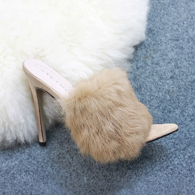 Luxury Cotton Candy Real Fox Fur  High Heel Sandal Woman