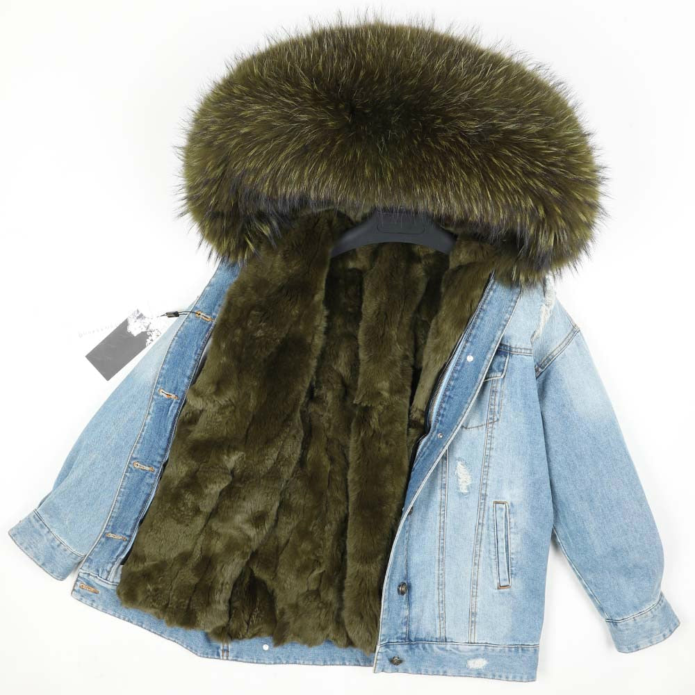 Fur Jean Parka Real collar Rabbit liner striped  Jacket