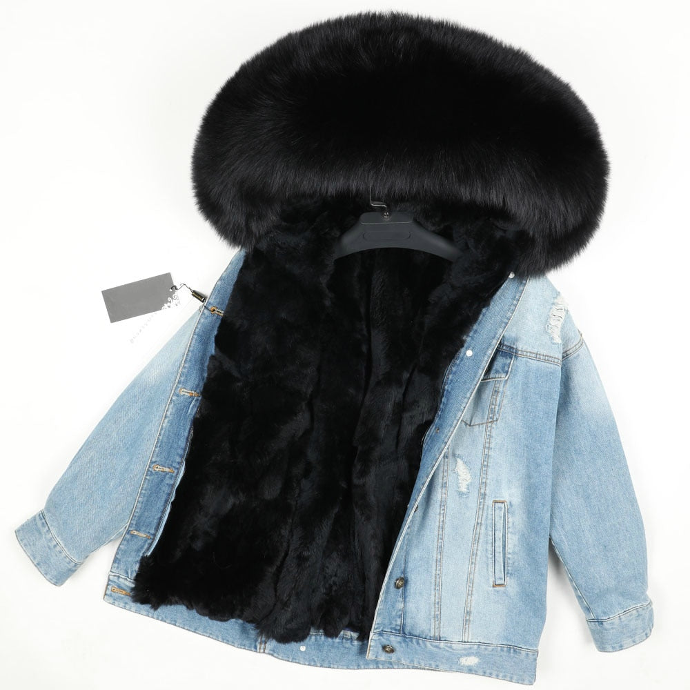 Fur Jean Parka Real collar Rabbit liner striped  Jacket