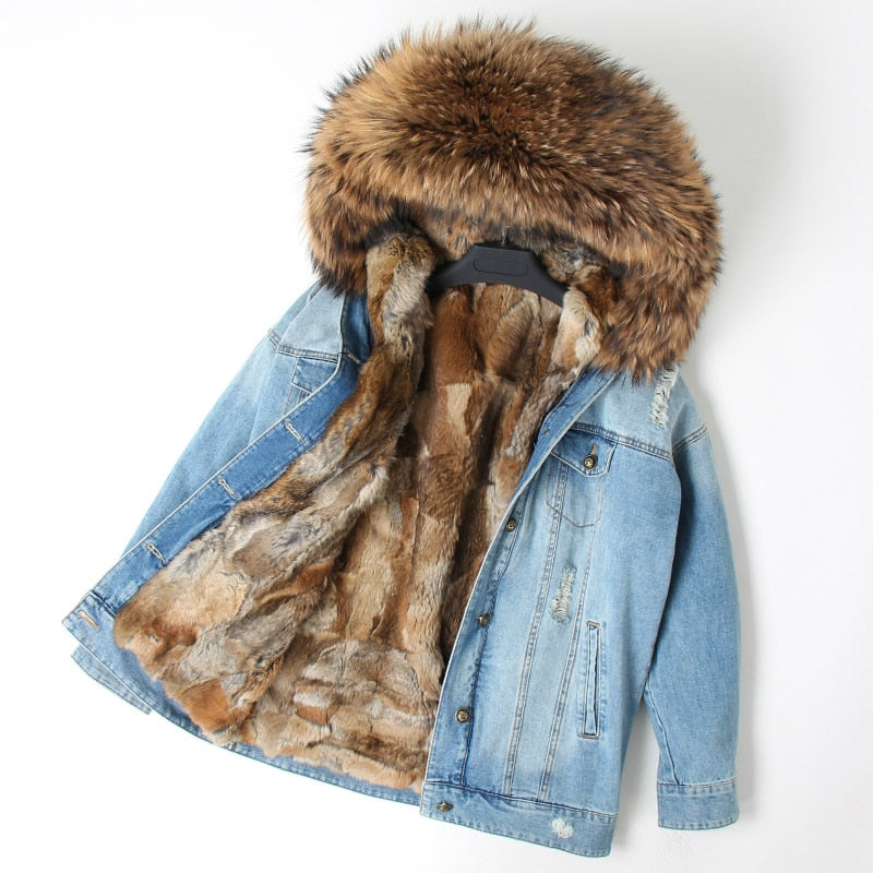 Fur Jean Parka Real collar Rabbit liner striped  Jacket