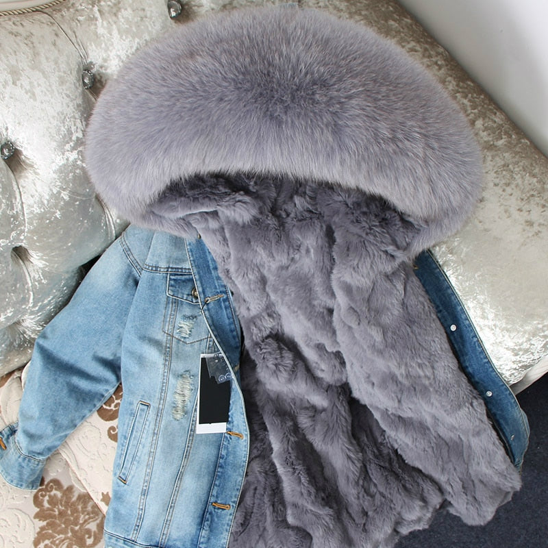 Fur Jean Parka Real collar Rabbit liner striped  Jacket