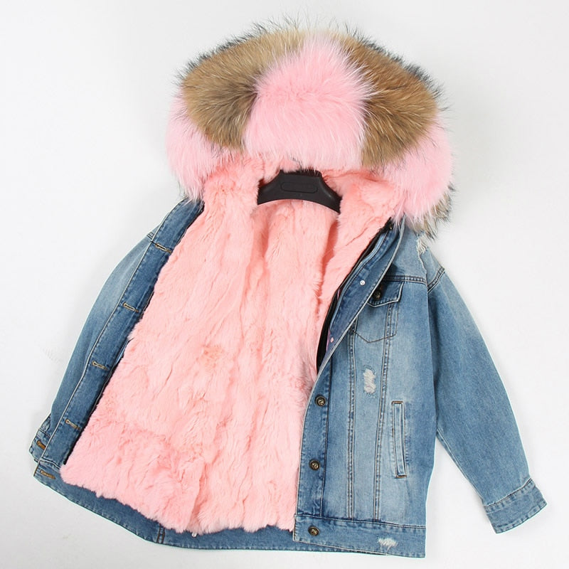 Fur Jean Parka Real collar Rabbit liner striped  Jacket