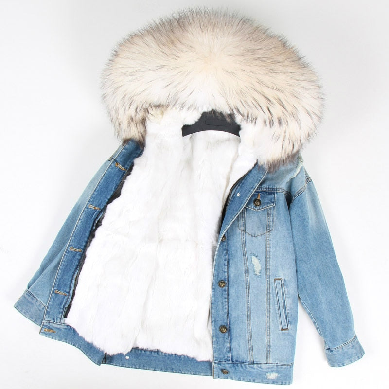 Fur Jean Parka Real collar Rabbit liner striped  Jacket