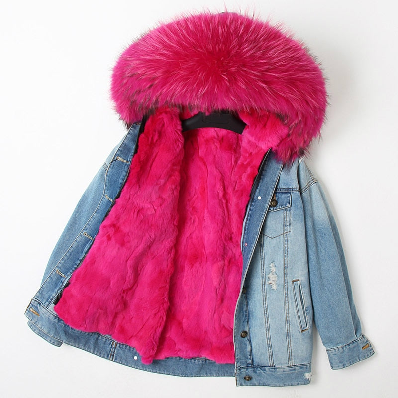 Fur Jean Parka Real collar Rabbit liner striped  Jacket