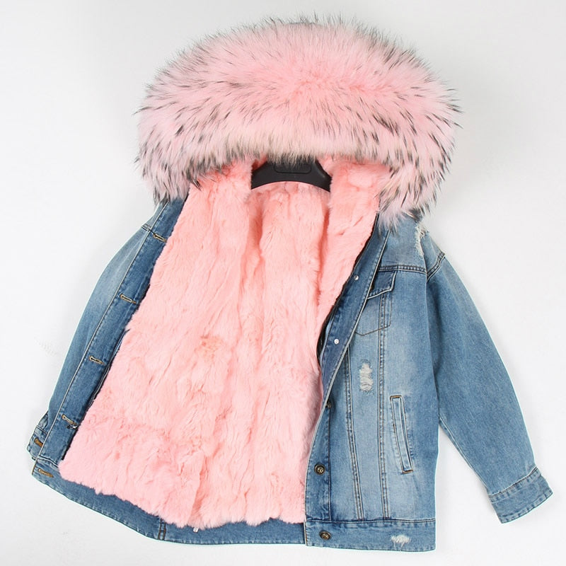 Fur Jean Parka Real collar Rabbit liner striped  Jacket