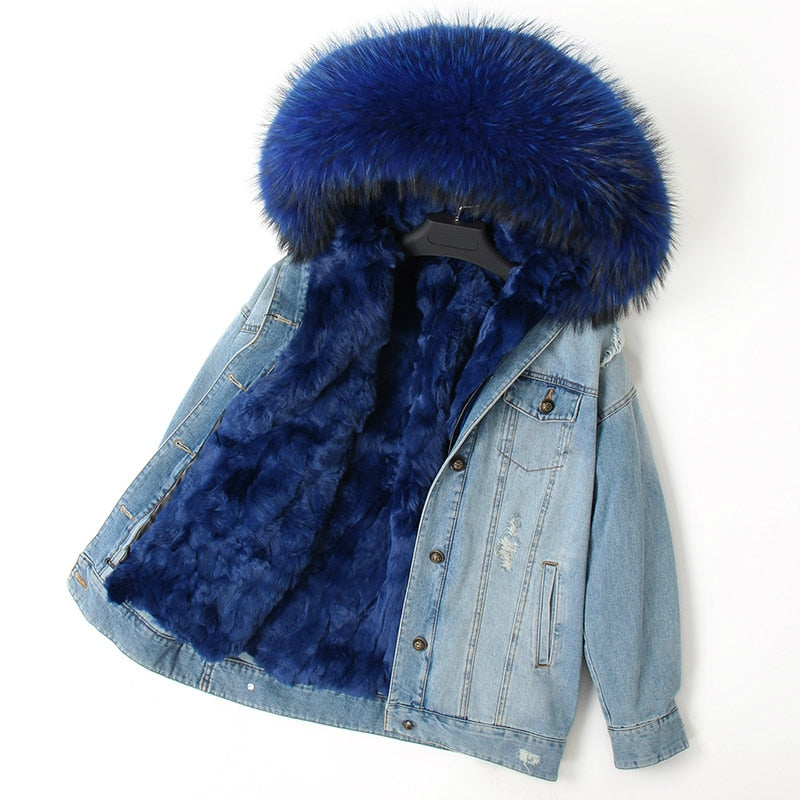 Fur Jean Parka Real collar Rabbit liner striped  Jacket