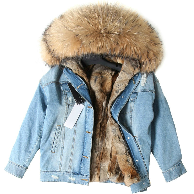 Fur Jean Parka Real collar Rabbit liner striped  Jacket
