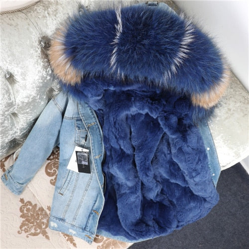 Fur Jean Parka Real collar Rabbit liner striped  Jacket