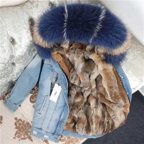 Fur Jean Parka Real collar Rabbit liner striped  Jacket