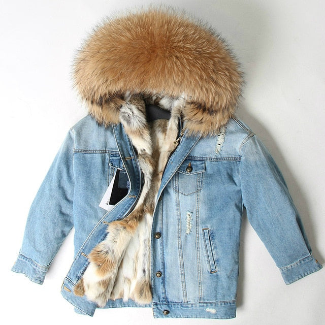 Fur Jean Parka Real collar Rabbit liner striped  Jacket