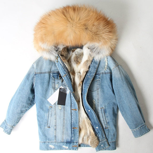 Fur Jean Parka Real collar Rabbit liner striped  Jacket