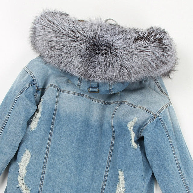 Fur Jean Parka Real collar Rabbit liner striped  Jacket