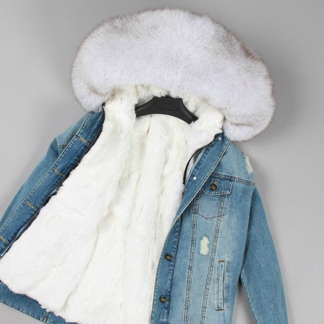 Fur Jean Parka Real collar Rabbit liner striped  Jacket