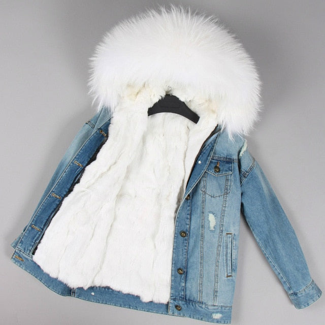 Fur Jean Parka Real collar Rabbit liner striped  Jacket